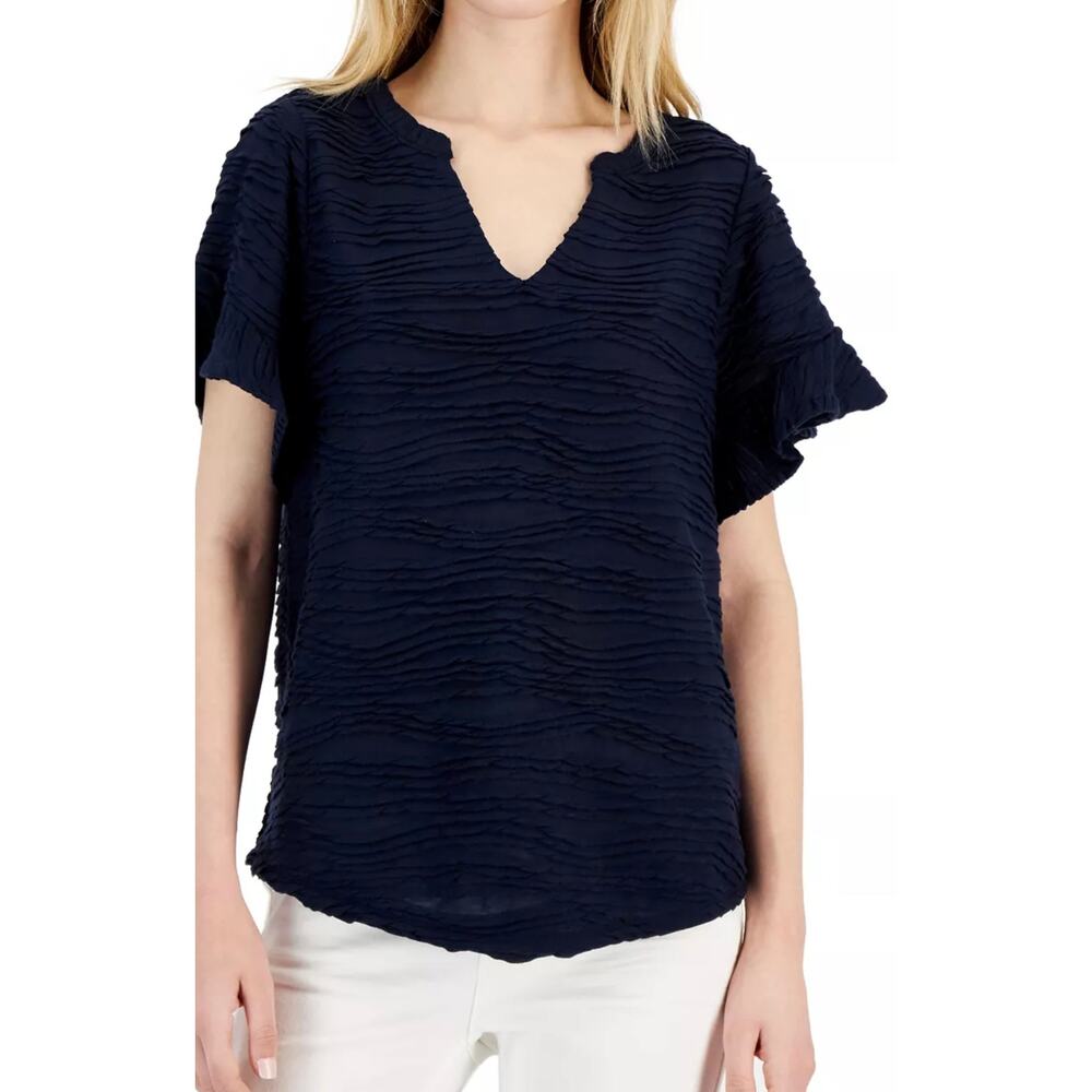 Willow Drive Textured Blouse Short Flutter Sleeves Lightweight Navy Blue S NWT